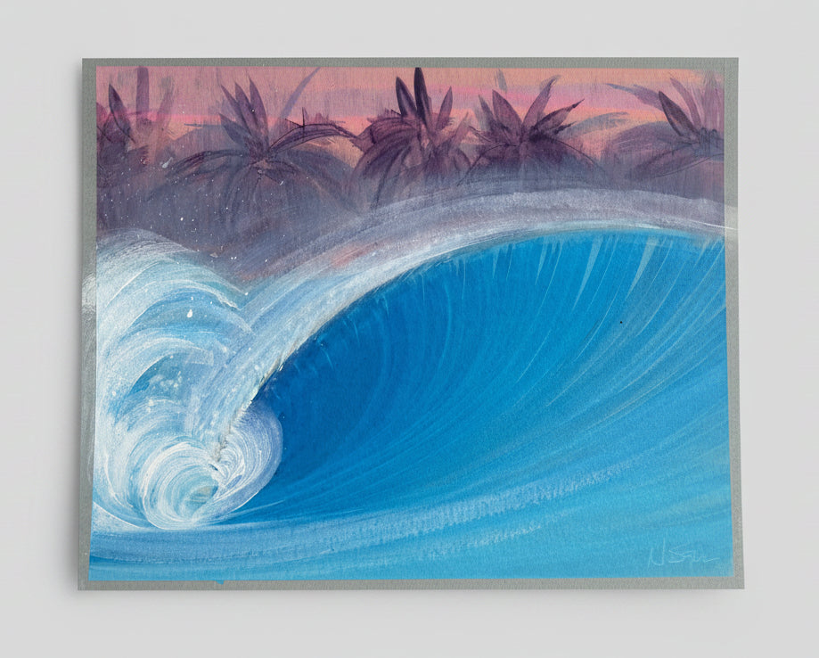 A square pastel painting of a large blue ocean wave curling, with dark purple palm trees along the horizon and a pink sky above, photographed flat against a textured tan surface.