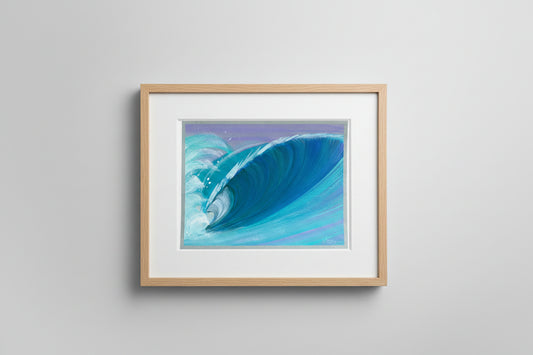 An acrylic painting of a powerful ocean wave curling, featuring shades of blue, teal, and white, set against a purple sky. The artwork is presented on a textured brown surface.