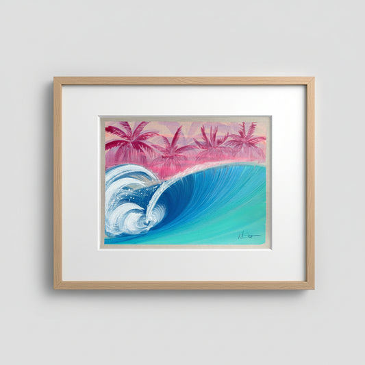 A square acrylic painting of a tropical beach scene with a large curling blue wave, pink palm trees, and a pink sky, displayed on a textured, paint-splattered concrete surface.