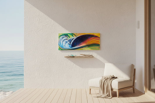 A rectangular hand-painted wooden wall art piece depicting a stylized ocean wave in vibrant colors, resting on a concrete floor.