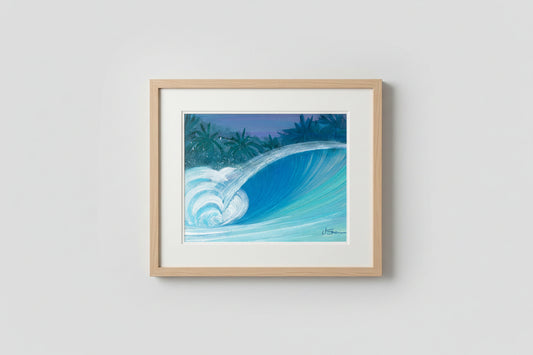 A square art print or painting depicting a large blue ocean wave curling with palm trees and a purple sky in the background, photographed against a textured concrete surface.