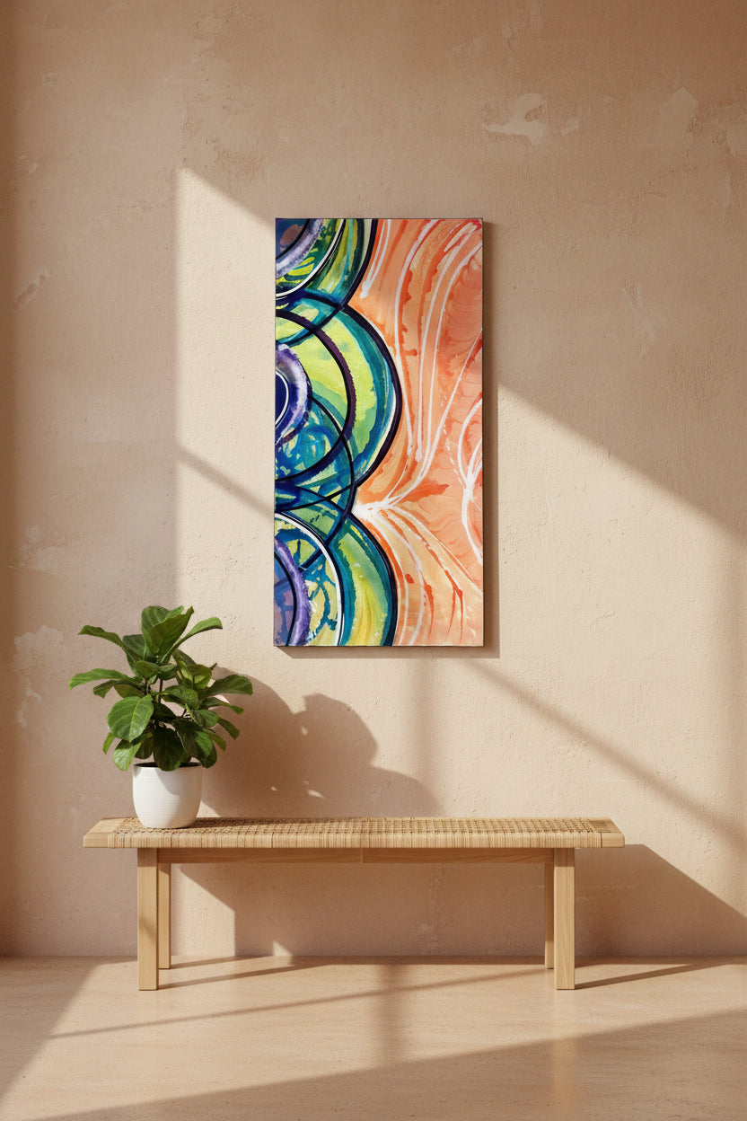 Colorful abstract painting with swirling patterns on a white background