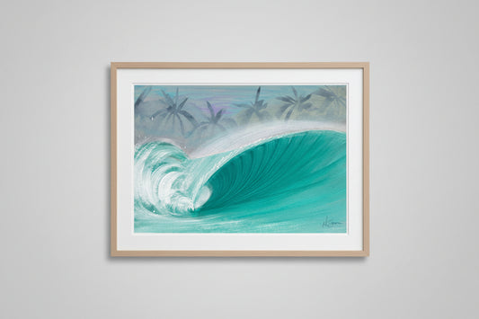 A square art print depicting a large turquoise ocean wave curling with dark palm tree silhouettes against a blue sky, displayed flat on a textured brown surface.