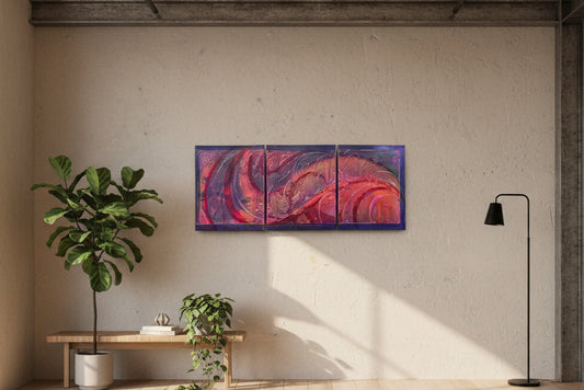 Abstract art triptych with swirling red and purple patterns on a textured surface