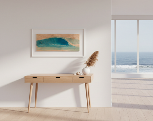 Wooden panel with a blue wave design on a light gray background