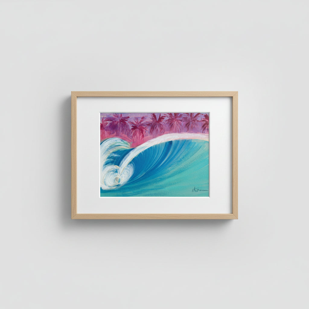 A square art print depicting a vibrant turquoise ocean wave curling under a pink and purple palm tree sky, displayed on a textured, paint-splattered concrete surface.