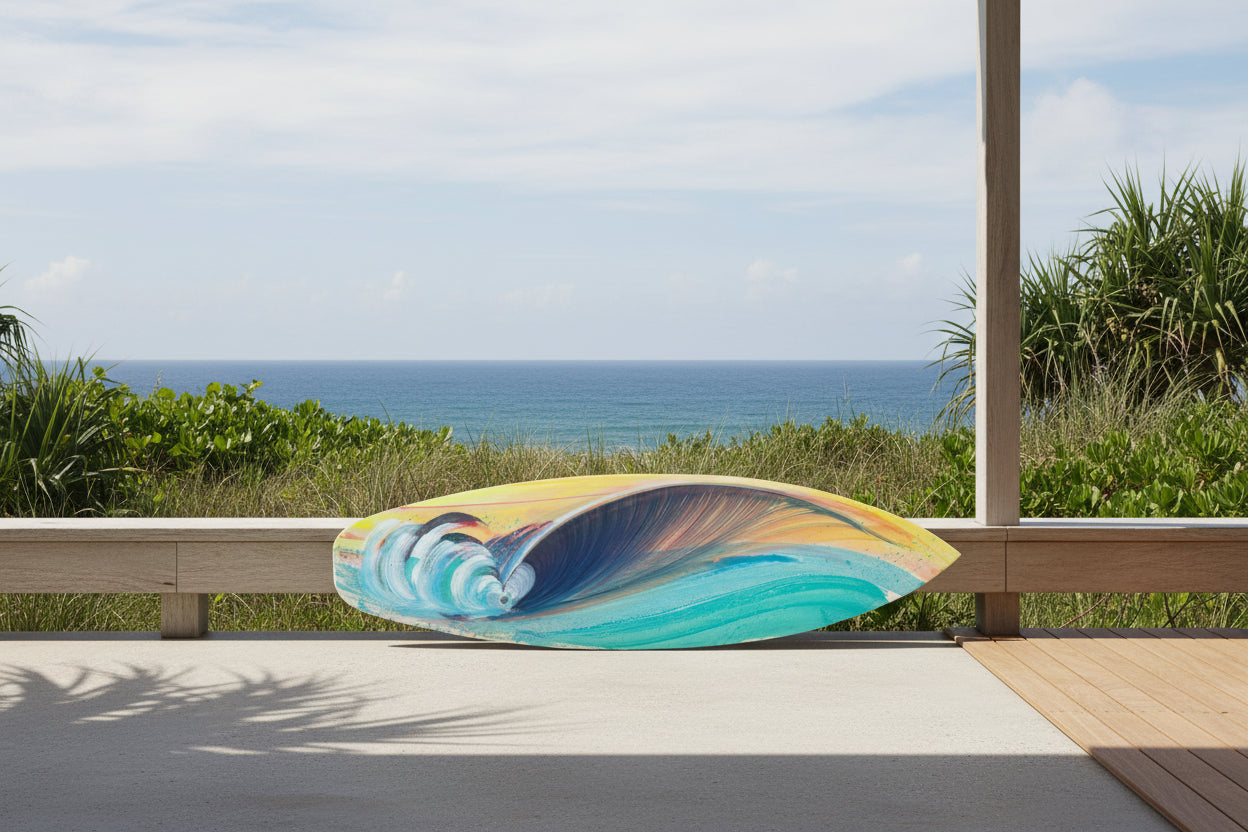 A surfboard featuring a vibrant painted ocean wave design in shades of blue, teal, yellow, orange, and white, shown on a light gray background.
