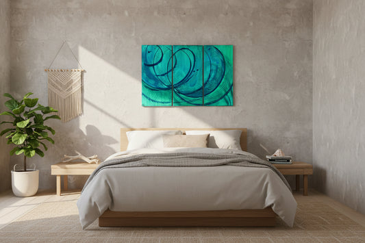 A three-panel abstract canvas painting featuring swirling patterns in shades of teal, turquoise, and green with bold black curved lines, displayed on a textured concrete floor.