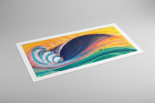Vibrant abstract painting of a large curling wave with bright yellow, orange, blue, teal, pink, and purple brushstrokes.
