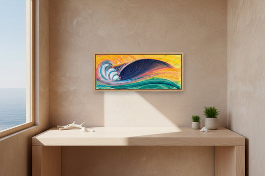 Vibrant abstract painting of a large curling wave with bright yellow, orange, blue, teal, pink, and purple brushstrokes.
