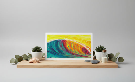 Colorful abstract wave painting on a gray background
