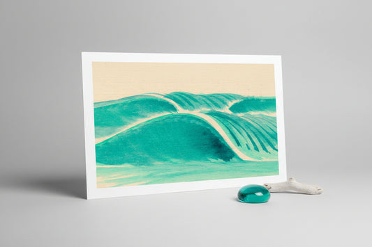Abstract design of wavy lines in teal and beige on a beige background