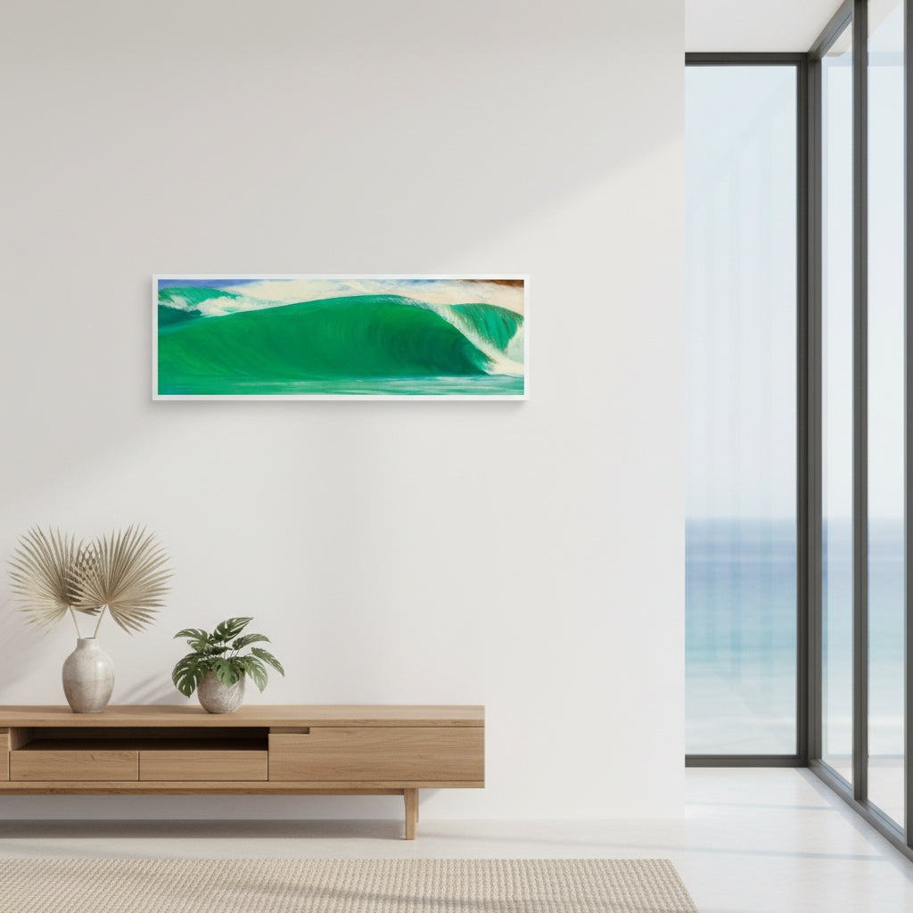 Modern living room with a large TV displaying an ocean scene, wooden console table, and decorative plants.