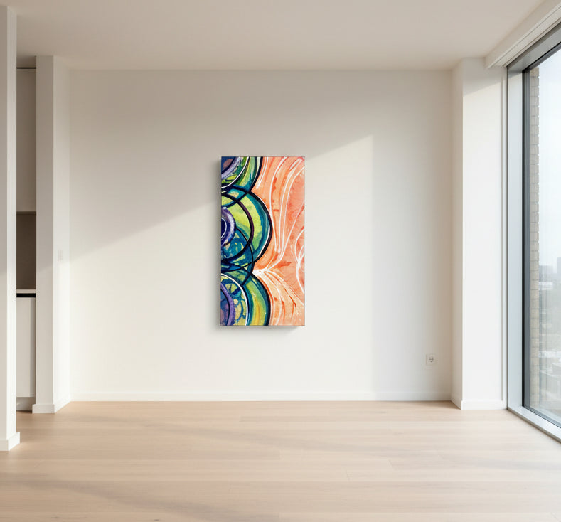 Colorful abstract painting with swirling patterns on a white background