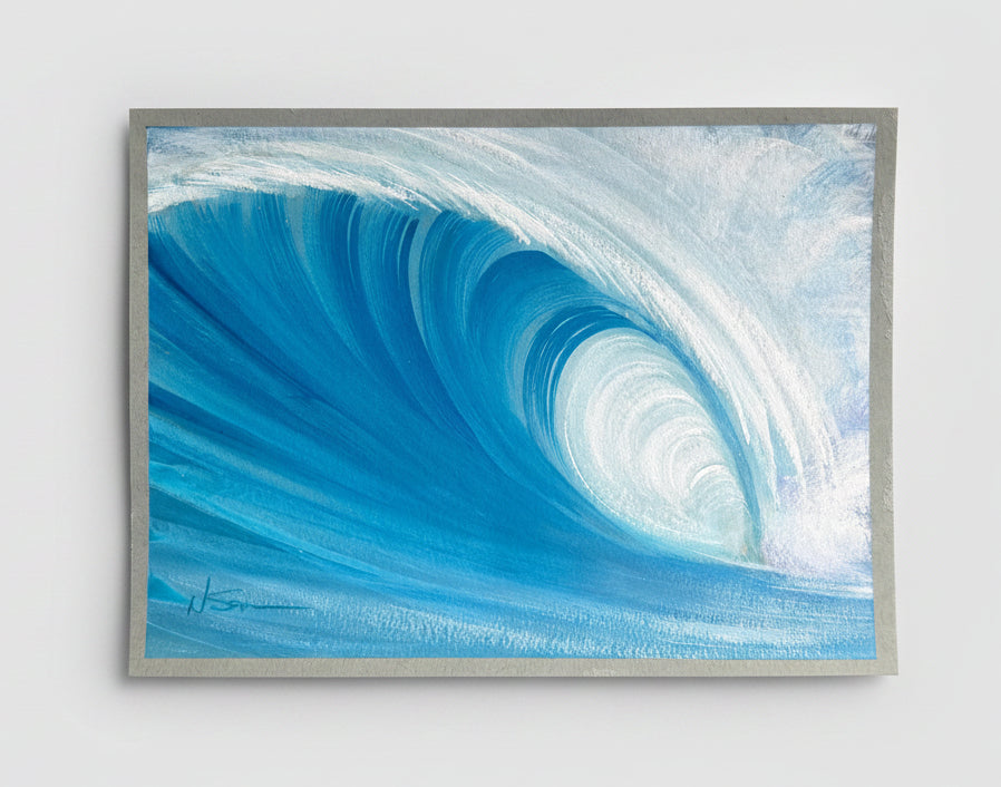 A square acrylic painting of a curling ocean wave, featuring vibrant shades of blue and white, displayed on a textured brown surface.