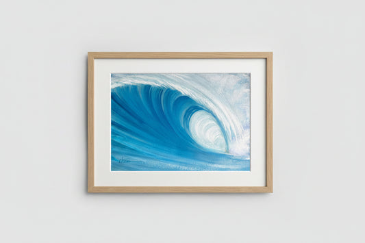 A square acrylic painting of a curling ocean wave, featuring vibrant shades of blue and white, displayed on a textured brown surface.