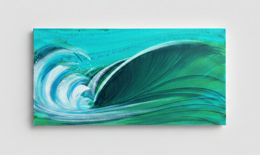 An abstract canvas painting depicting a wave, featuring textured impasto brushstrokes in shades of teal, green, blue, and white, resting on a concrete floor.
