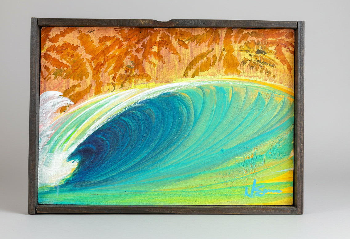 Painting of a large wave with a colorful background in a wooden frame.