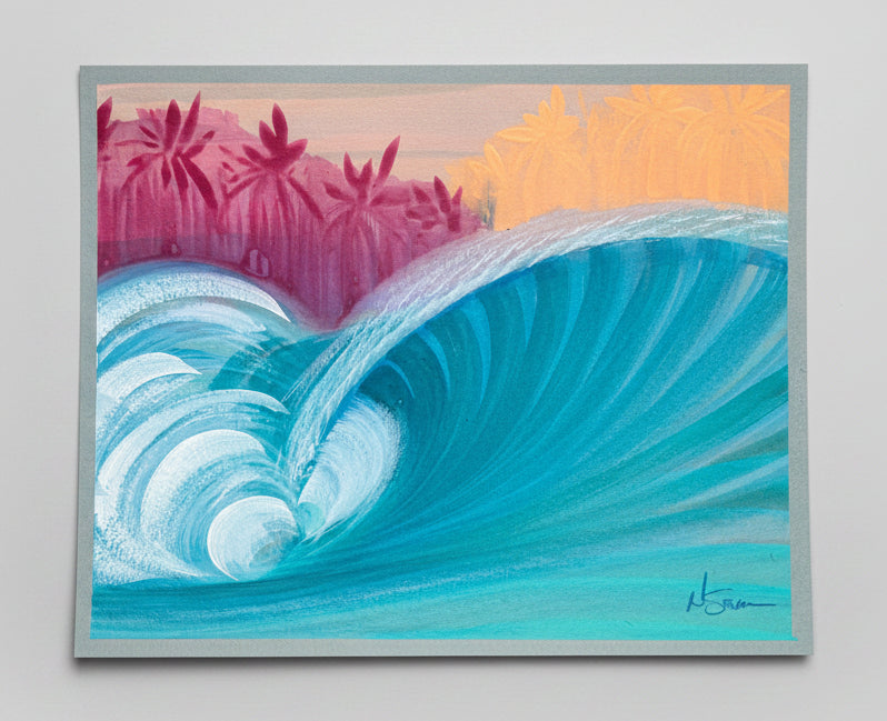 A colorful mixed media painting of a large ocean wave curling, with pink and orange palm tree silhouettes in the background, photographed flat against a textured concrete surface.