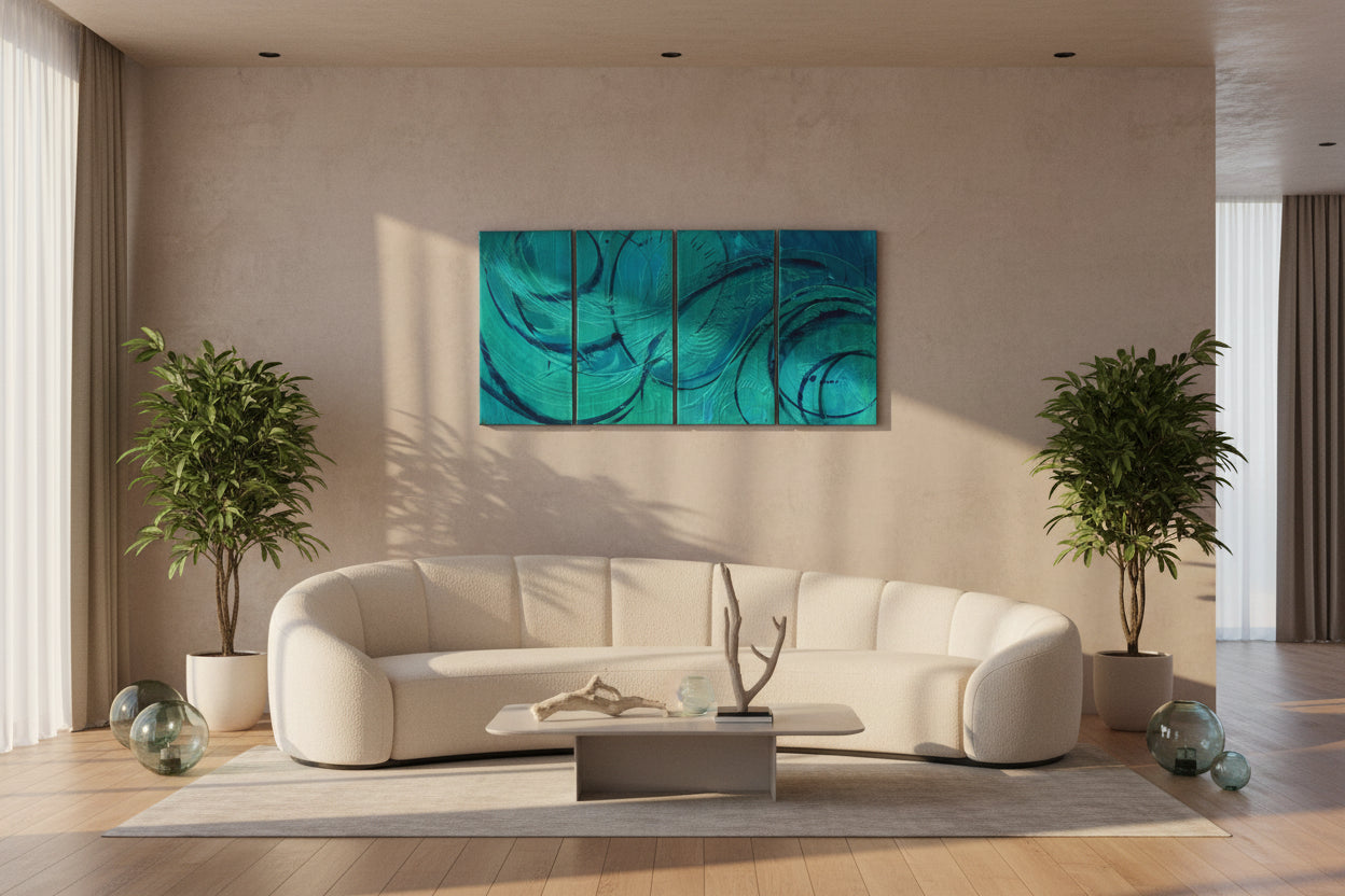 A four-panel abstract canvas painting featuring swirling teal, turquoise, and blue brushstrokes with black linework, displayed against a concrete wall.