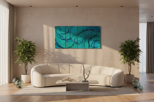A four-panel abstract canvas painting featuring swirling teal, turquoise, and blue brushstrokes with black linework, displayed against a concrete wall.