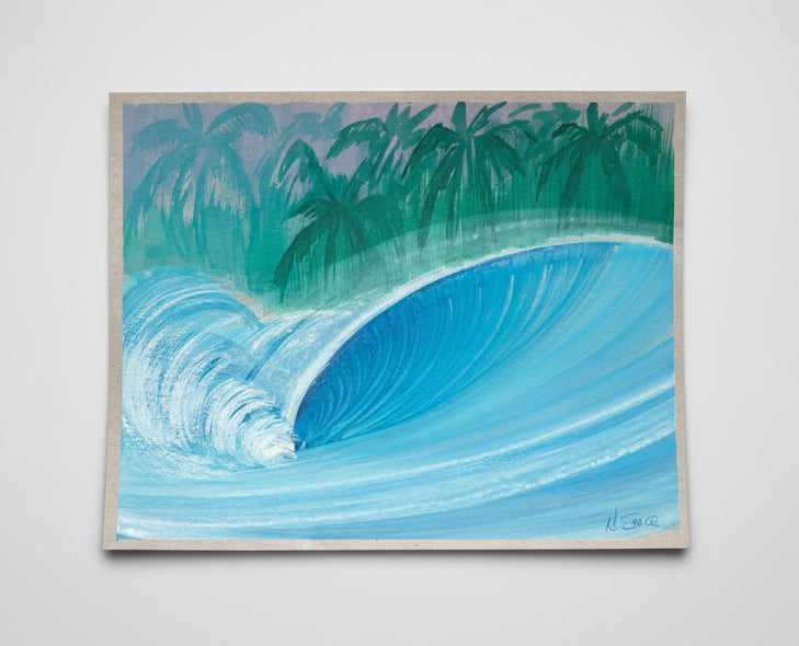 A square acrylic painting of a tropical beach scene with a large blue wave curling, green palm trees, and a sandy brown ground behind the artwork.