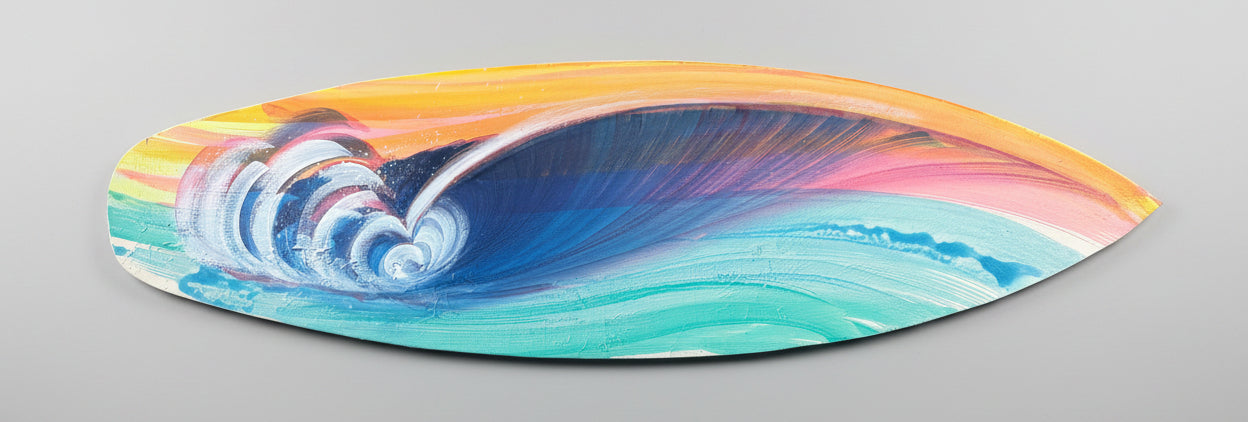 A hand-painted wooden surfboard featuring a vibrant ocean wave design with blue, teal, pink, orange, and yellow tones, displayed on a concrete floor.