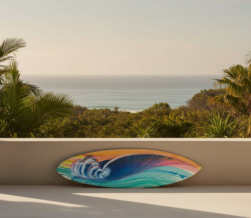 A hand-painted wooden surfboard featuring a vibrant ocean wave design with blue, teal, pink, orange, and yellow colors, displayed on a concrete floor.