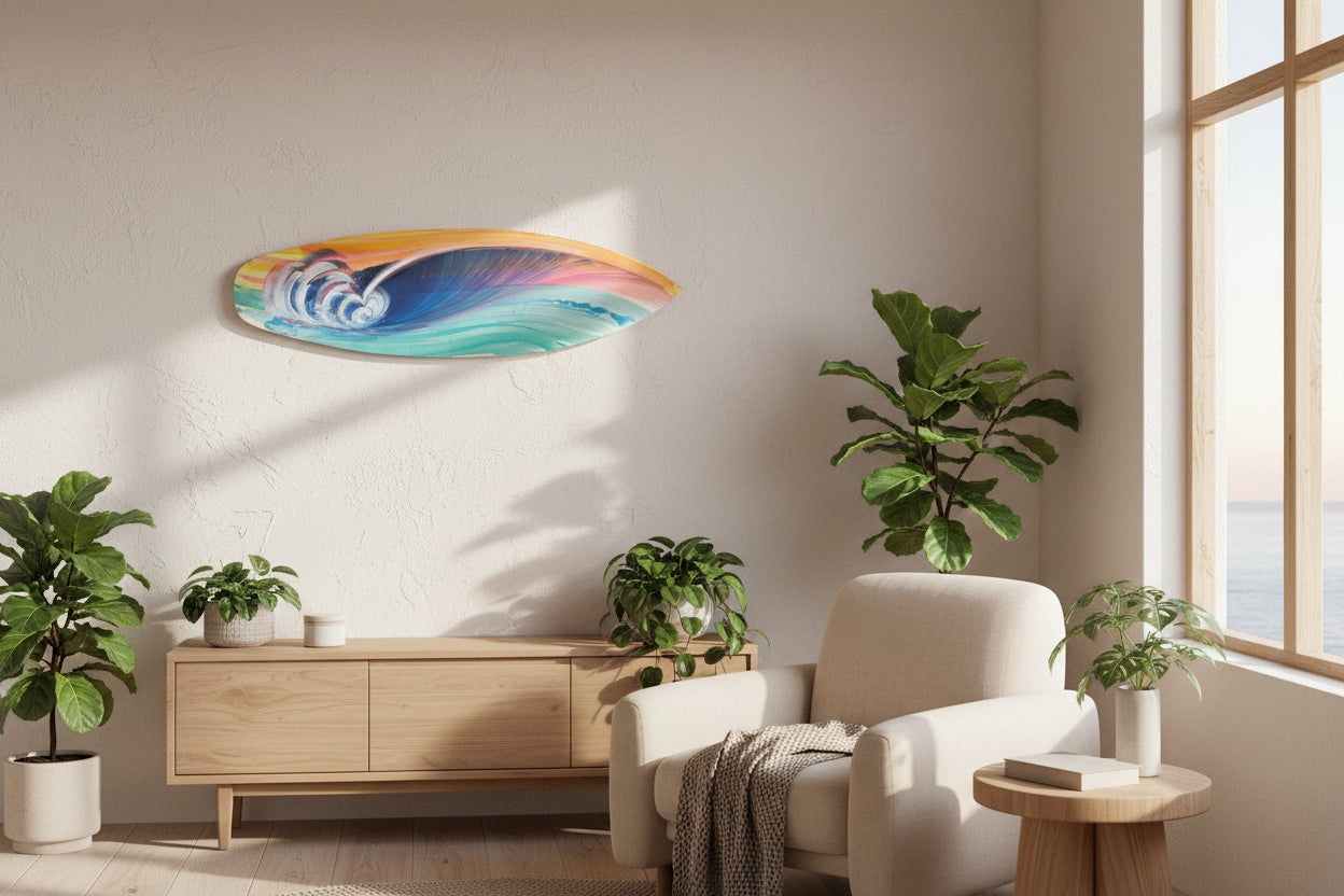 A hand-painted wooden surfboard featuring a vibrant ocean wave design with blue, teal, pink, orange, and yellow colors, displayed on a concrete floor.