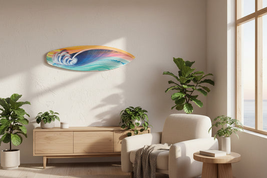 A hand-painted wooden surfboard featuring a vibrant ocean wave design with blue, teal, pink, orange, and yellow colors, displayed on a concrete floor.