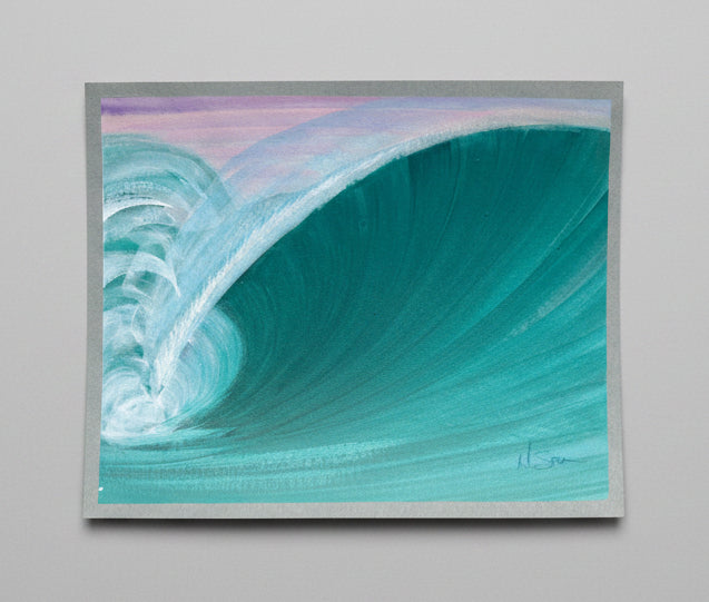 A square acrylic painting of a curling ocean wave, featuring vibrant teal and turquoise tones with a soft pink and purple sky, displayed on a textured brown surface.
