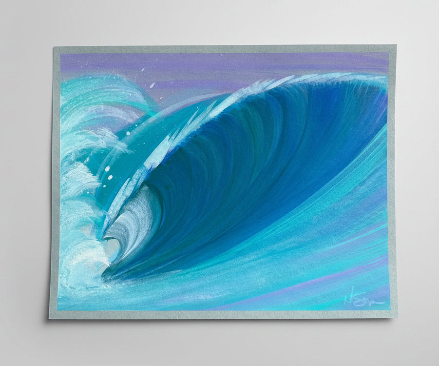 An acrylic painting of a powerful ocean wave curling, featuring shades of blue, teal, and white, set against a purple sky. The artwork is presented on a textured brown surface.