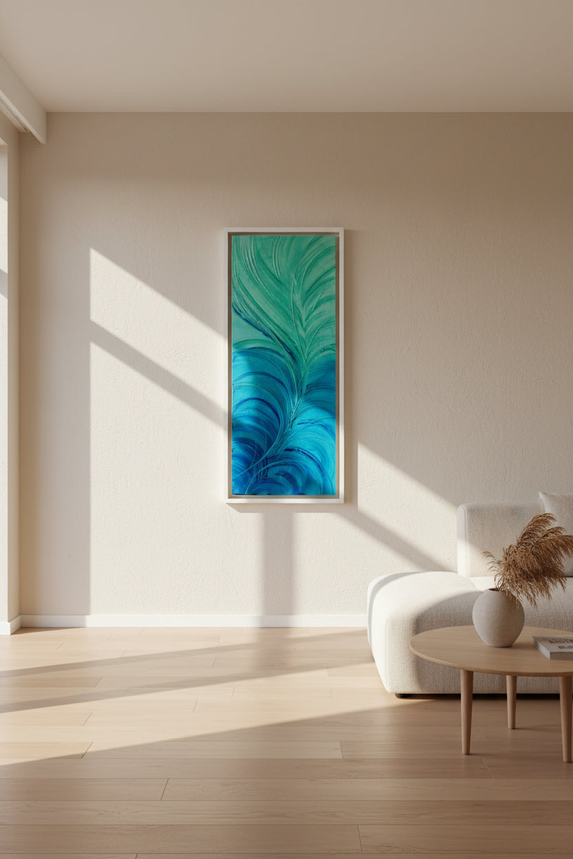 Abstract art piece with blue and green colors on a textured surface
