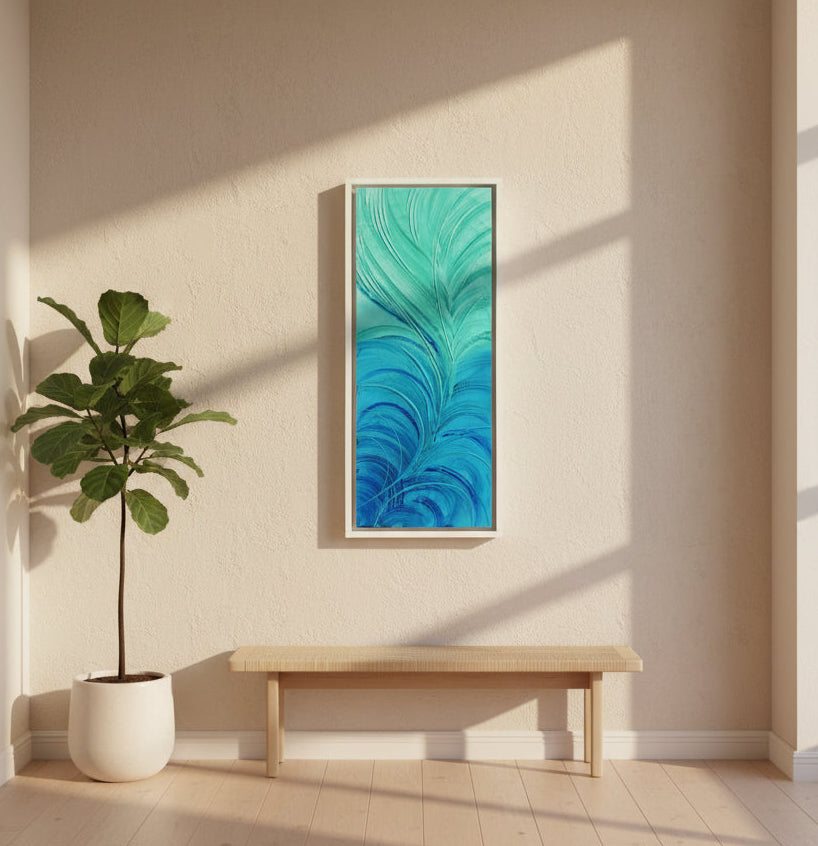 Abstract art piece with blue and green colors on a textured surface
