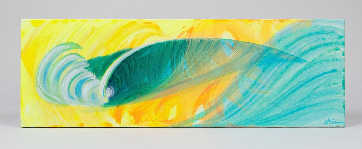 An abstract canvas painting depicting a curling ocean wave, featuring vibrant yellow and teal colors with white highlights, displayed against a neutral light gray background.
