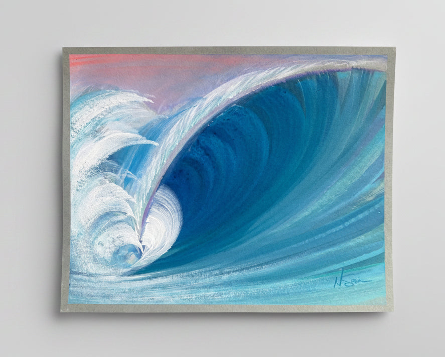 A square pastel drawing of a large curling ocean wave, with deep blue and turquoise tones, white foam, and a soft pink sky, displayed on a textured brown surface.