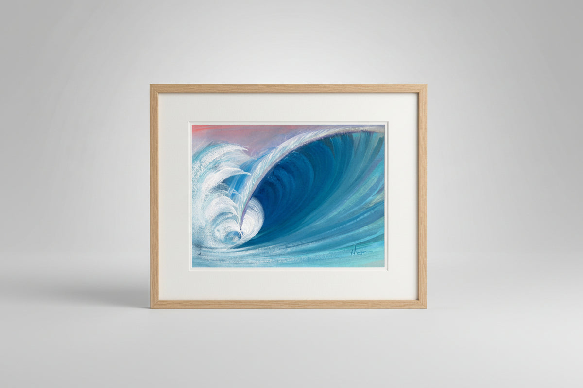 A square pastel drawing of a large curling ocean wave, with deep blue and turquoise tones, white foam, and a soft pink sky, displayed on a textured brown surface.