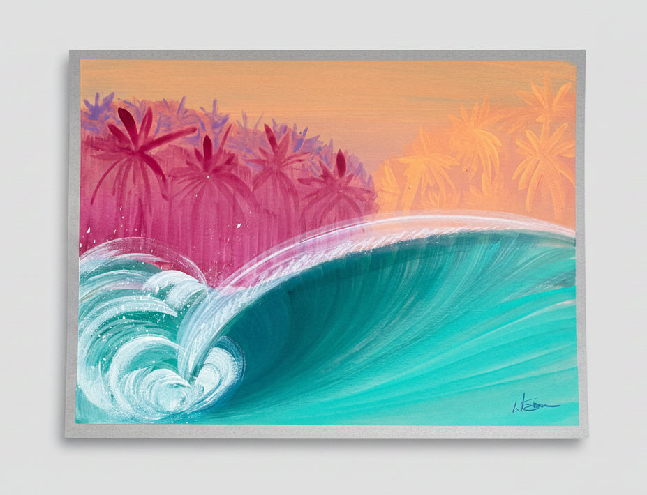 A colorful painted artwork showing a large turquoise ocean wave curling in the foreground, with pink and orange palm trees against a warm sky. The painting is photographed flat on a textured concrete surface.