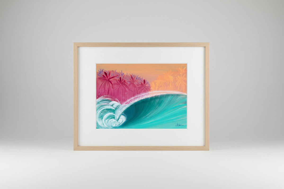 A colorful painted artwork showing a large turquoise ocean wave curling in the foreground, with pink and orange palm trees against a warm sky. The painting is photographed flat on a textured concrete surface.