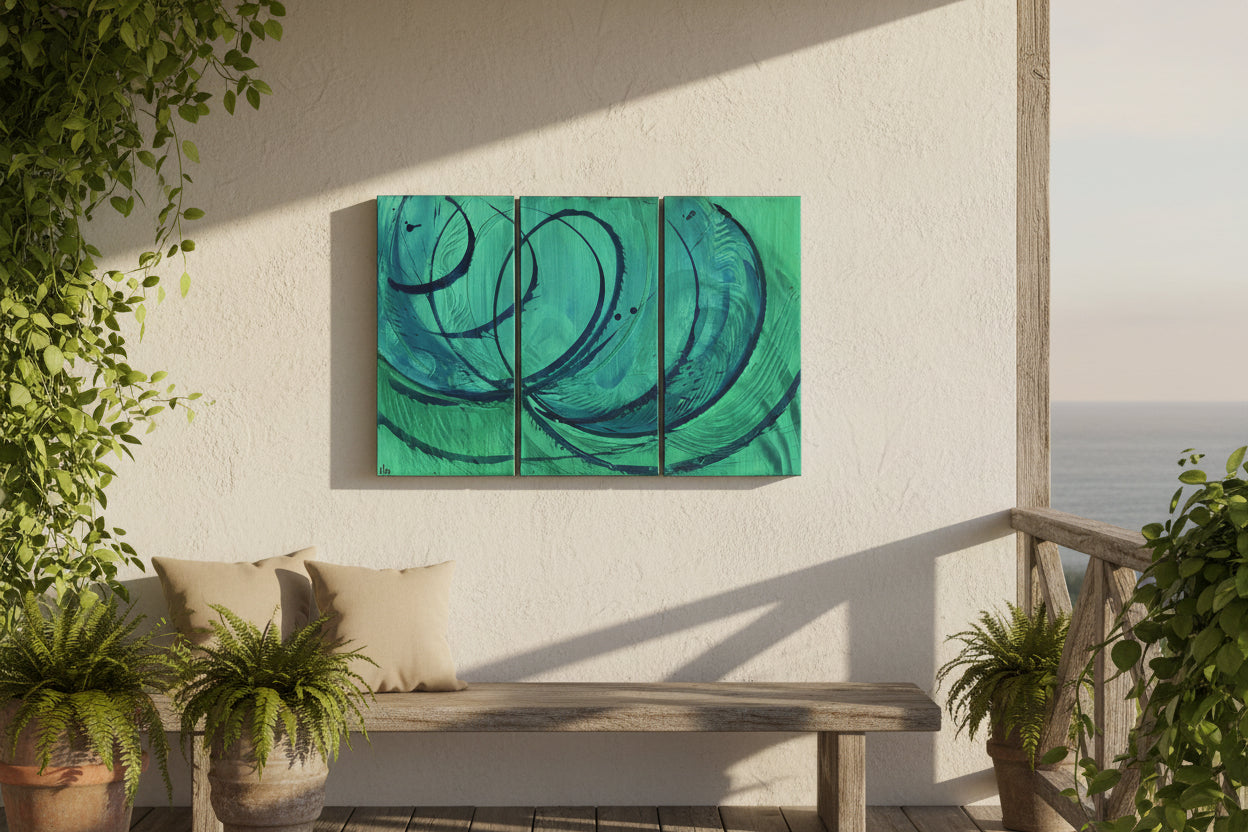 A three-panel abstract canvas painting featuring swirling patterns in shades of teal, turquoise, and green with bold black curved lines, displayed on a textured concrete floor.
