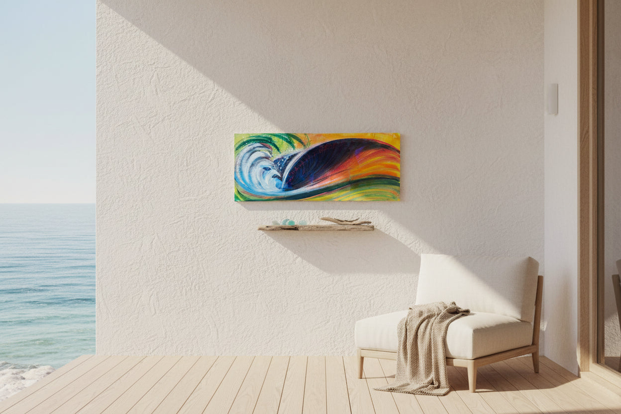 A rectangular hand-painted wooden wall art piece depicting a stylized ocean wave in vibrant colors, resting on a concrete floor.