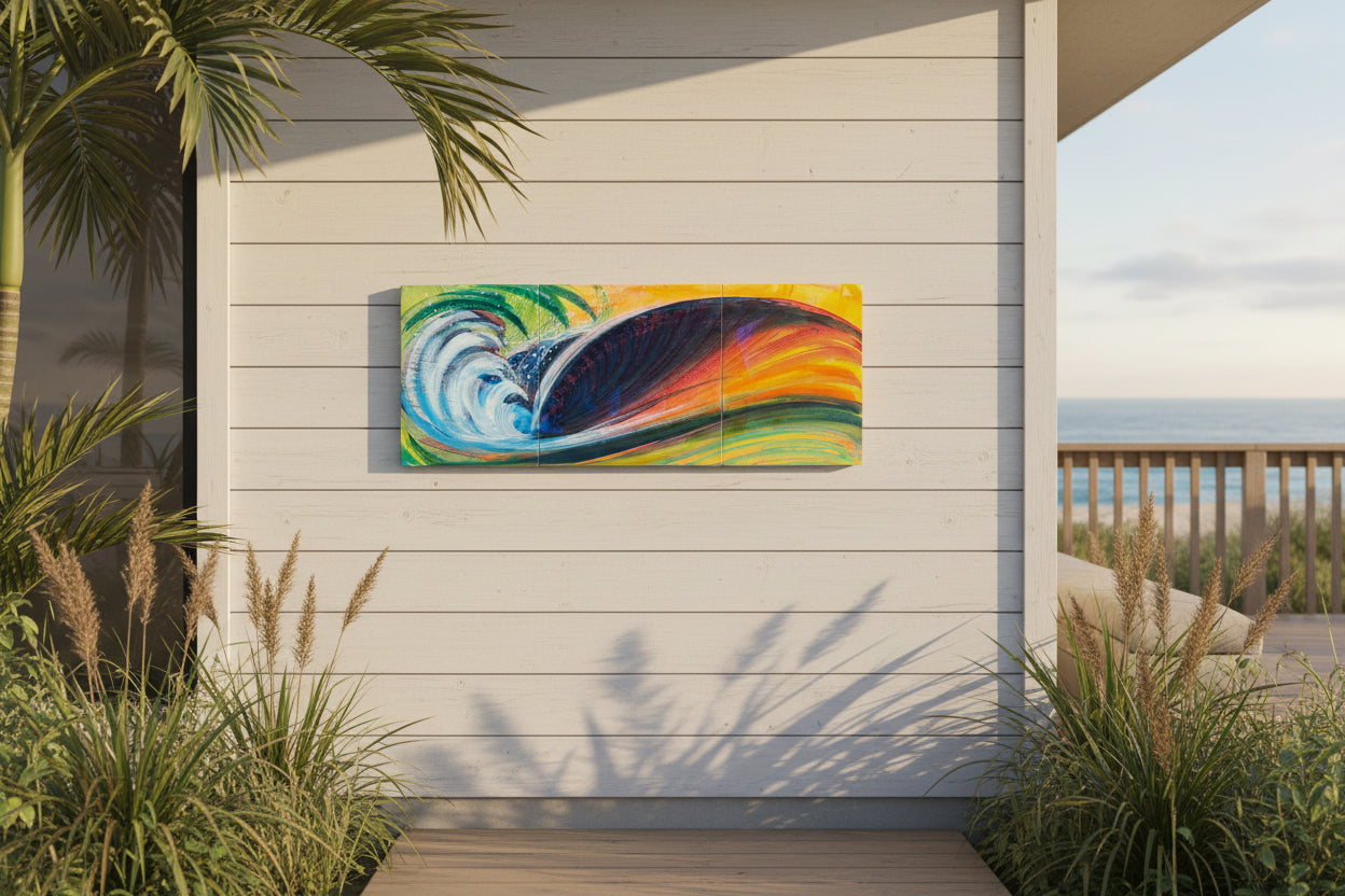 A rectangular hand-painted wooden wall art piece depicting a stylized ocean wave in vibrant colors, resting on a concrete floor.