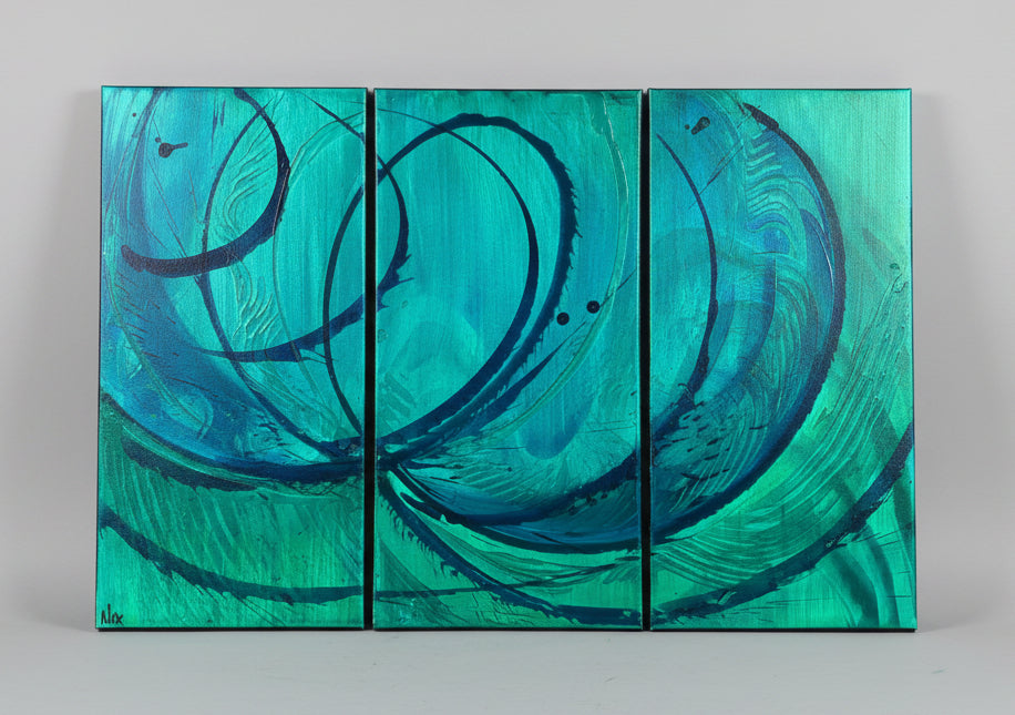 A three-panel abstract canvas painting featuring swirling patterns in shades of teal, turquoise, and green with bold black curved lines, displayed on a textured concrete floor.