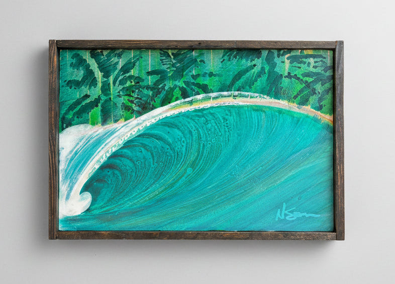 Artistic depiction of a wave with a tropical leaf background