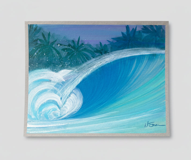A square art print or painting depicting a large blue ocean wave curling over, with dark green palm trees and a purple-blue sky in the background, photographed against a textured concrete surface.