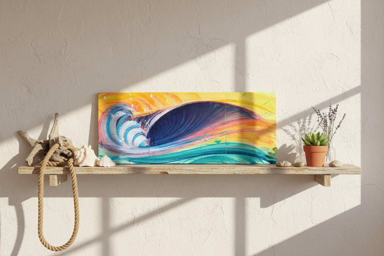 A colorful abstract wave painting on a rectangular canvas, featuring a large curling wave in deep blue, teal, and white against a bright yellow, orange, and pink sky, displayed on a concrete floor.