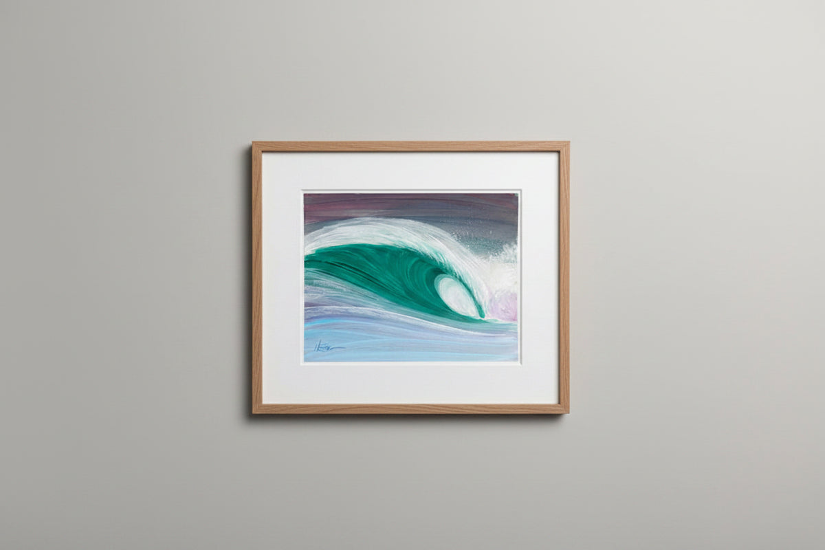 A square acrylic painting of a curling ocean wave, featuring a vibrant green and teal wave body with white foam and a purple-gray background, displayed on a textured brown surface.
