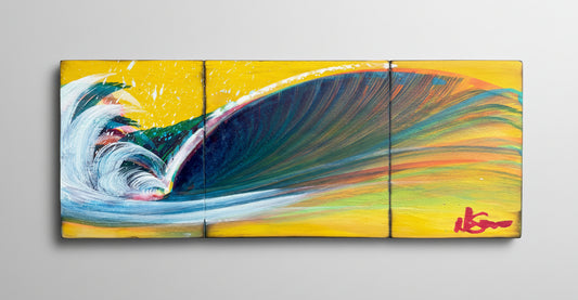 Triptych painting of a colorful wave on a gray background