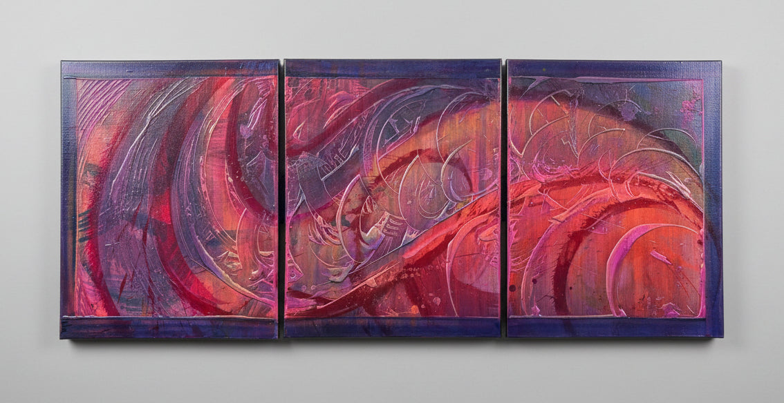 Abstract art triptych with swirling red and purple patterns on a textured surface