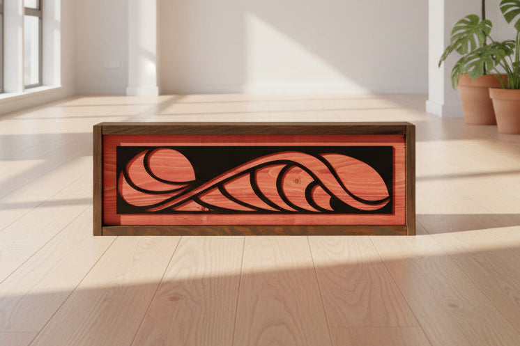 Wooden art piece with abstract design on a colorful, textured background